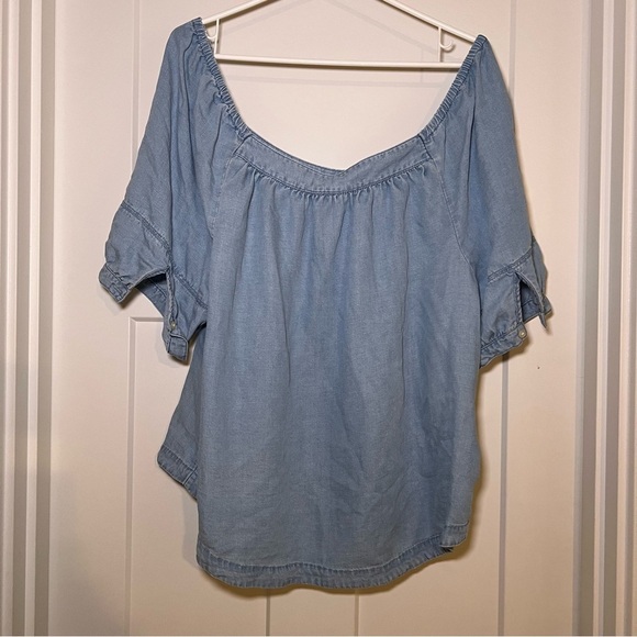 Loft Women's Blue Square Neck Puffed Sleeve Pleated Denim Blouse Size XXL - Picture 4 of 8